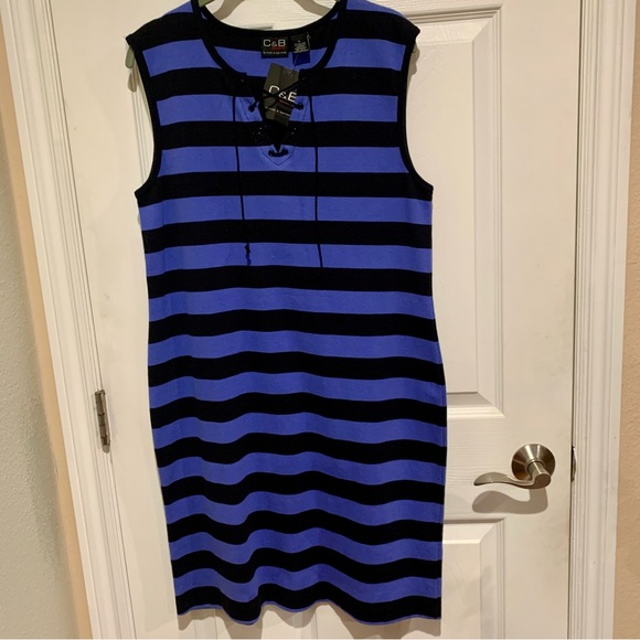 C & B Sport Sleeveless Casual Ribbed Knit Stripe Shift Dress Blue Size Large NWT - Picture 5 of 10